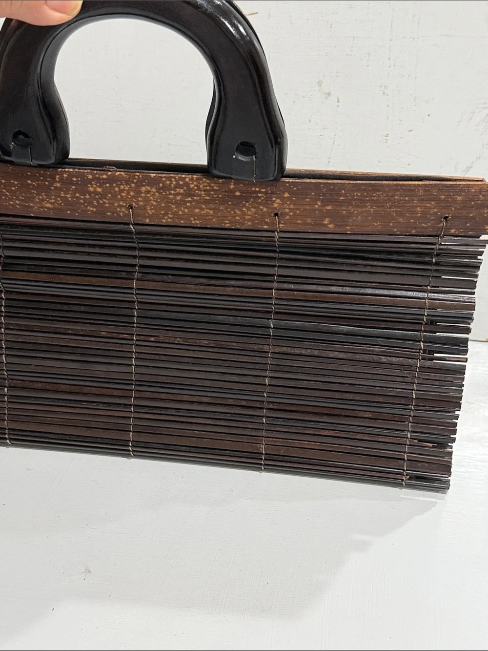 Dark Brown Thin Connected Rolling Bamboo Wood Handle Bag Purse Vintage Unique
